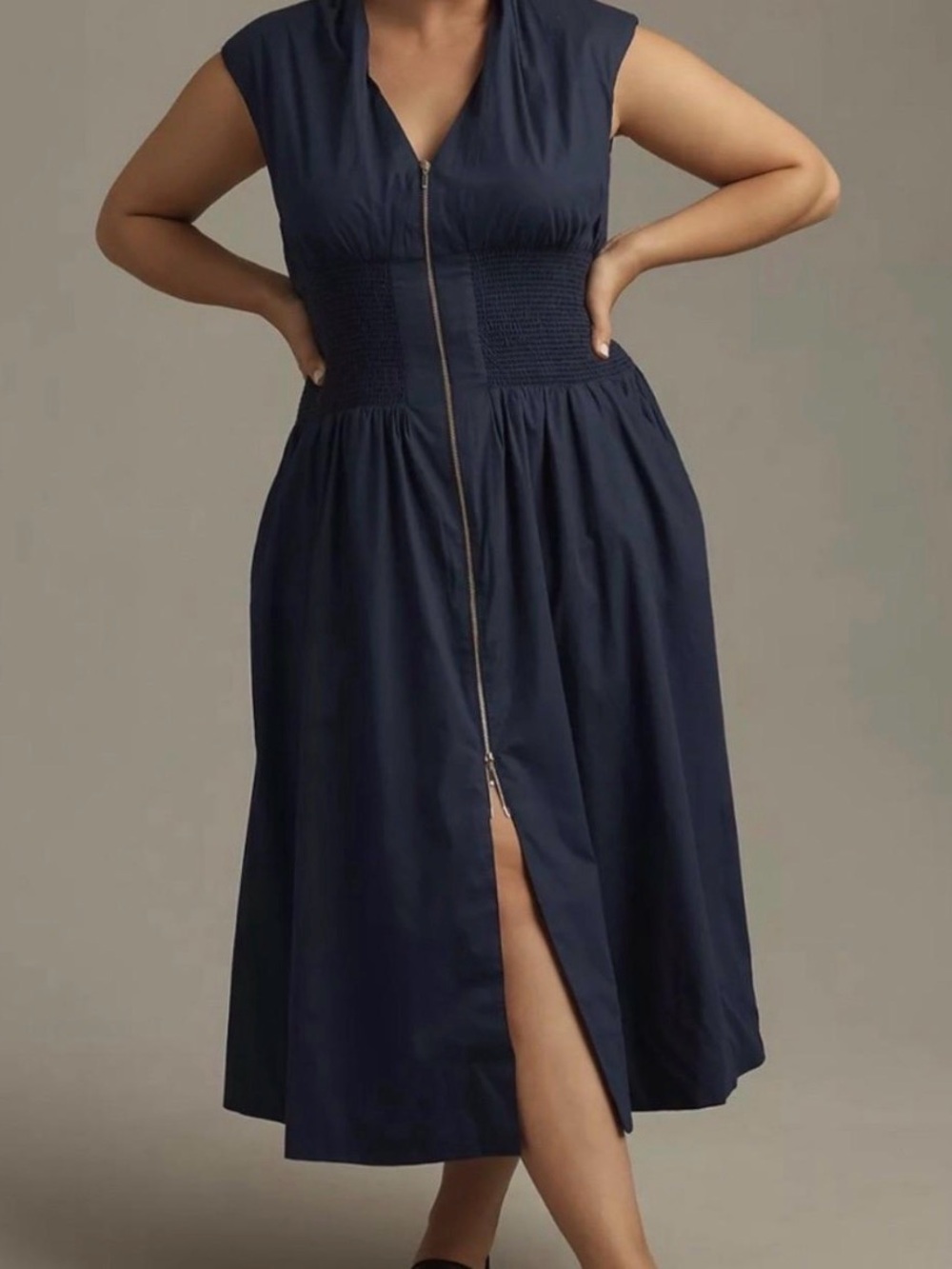 Anthropologie Navy Zip-Front Midi Dress with Smocked Waist